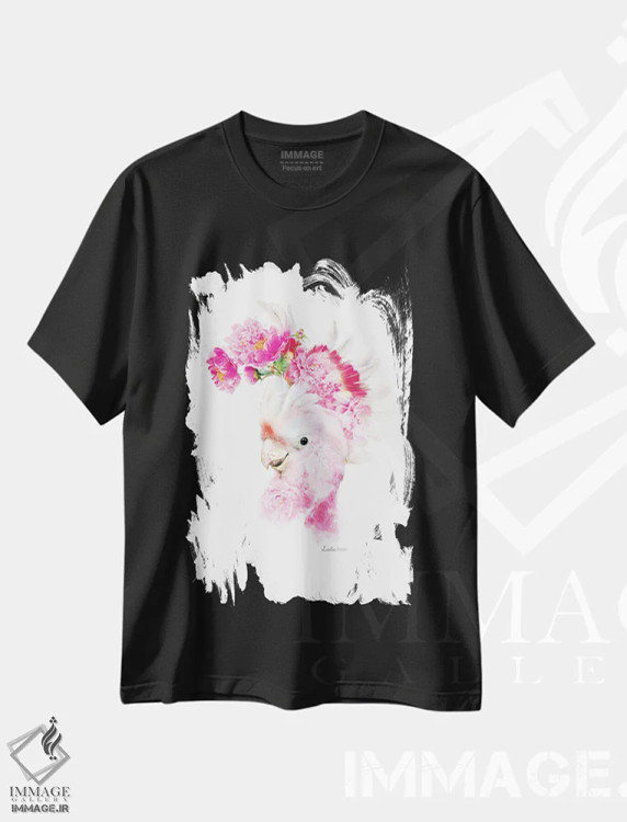 تیشرت مشکی طرح دار کاکاتوو صورتی گیاهی حیات وحش، هنر دیجیتال اثر لولا دیزاین | immage.ir