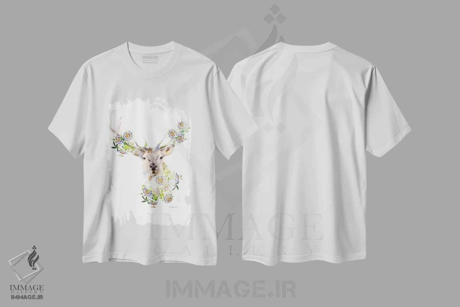 تیشرت سفید طرح دار گوزن نر گیاهی حیات وحش، هنر دیجیتال اثر لولا دیزاین | فروشگاه ایماژ