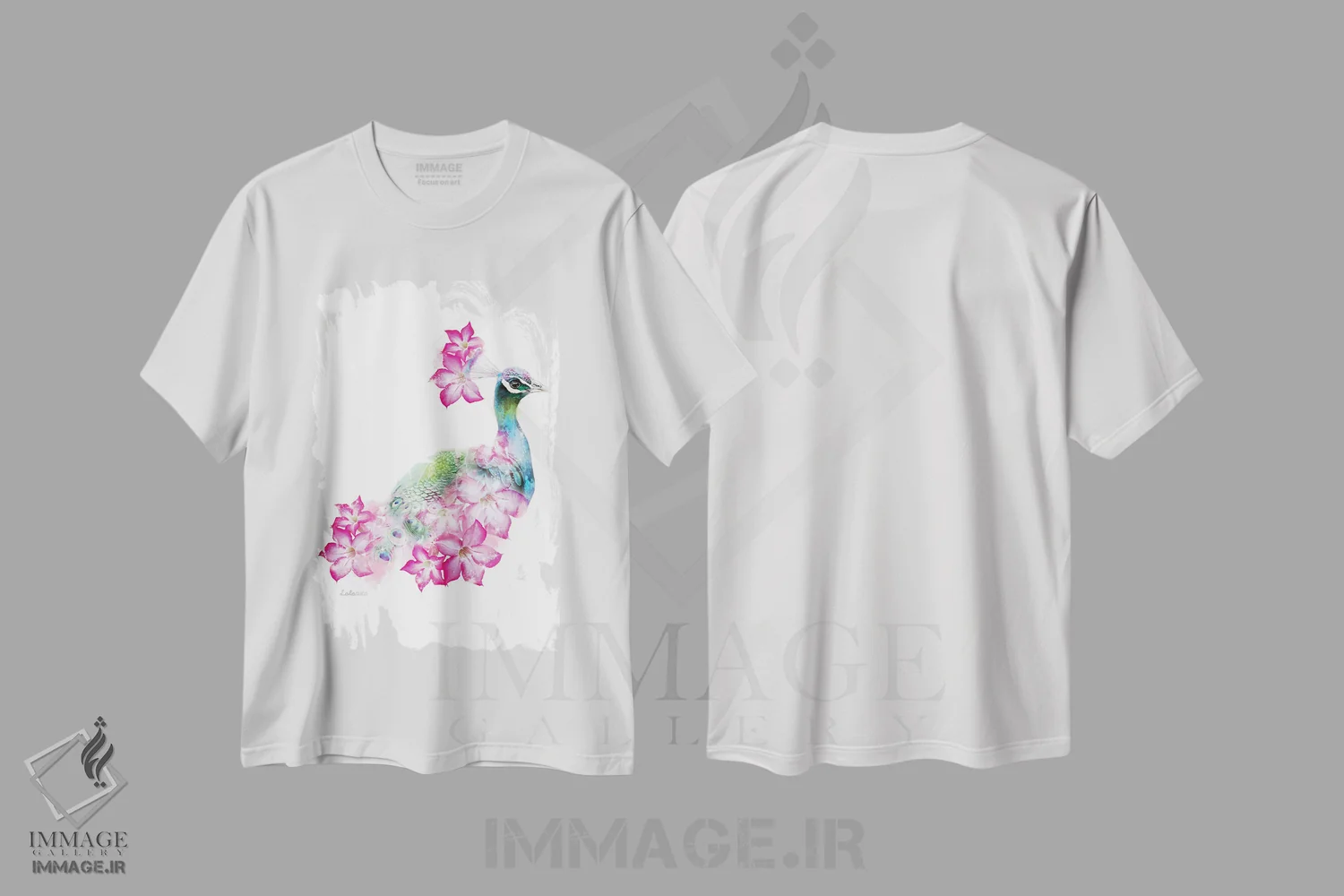 تیشرت سفید طرح دار طاووس گیاهی حیات وحش، هنر دیجیتال اثر لولا دیزاین | immage.ir