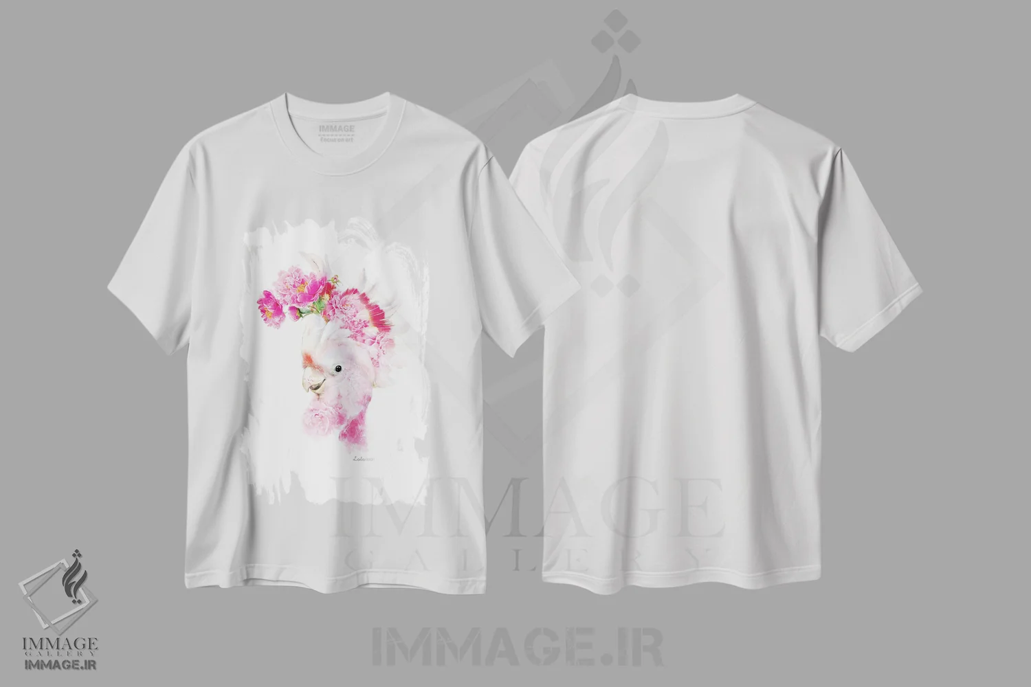 تیشرت سفید طرح دار کاکاتوو صورتی گیاهی حیات وحش، هنر دیجیتال اثر لولا دیزاین | فروشگاه ایماژ