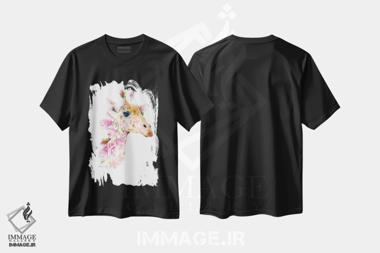 تیشرت مشکی طرح دار زرافه گیاهی حیات وحش، هنر دیجیتال اثر لولا دیزاین | immage.ir