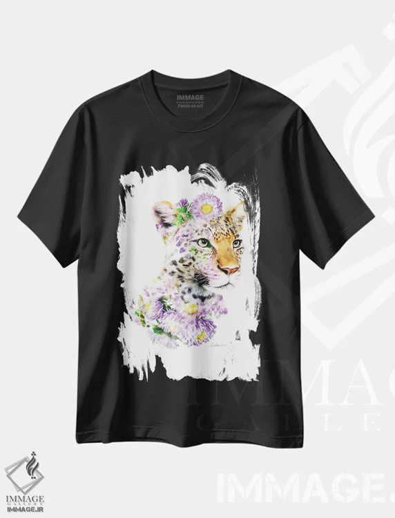 تیشرت مشکی طرح دار پلنگ گیاهی حیات وحش، هنر دیجیتال اثر لولا دیزاین | فروشگاه ایماژ