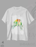 تیشرت سفید طرح دار مرغ عشق گیاهی حیات وحش، هنر دیجیتال اثر لولا دیزاین | فروشگاه ایماژ