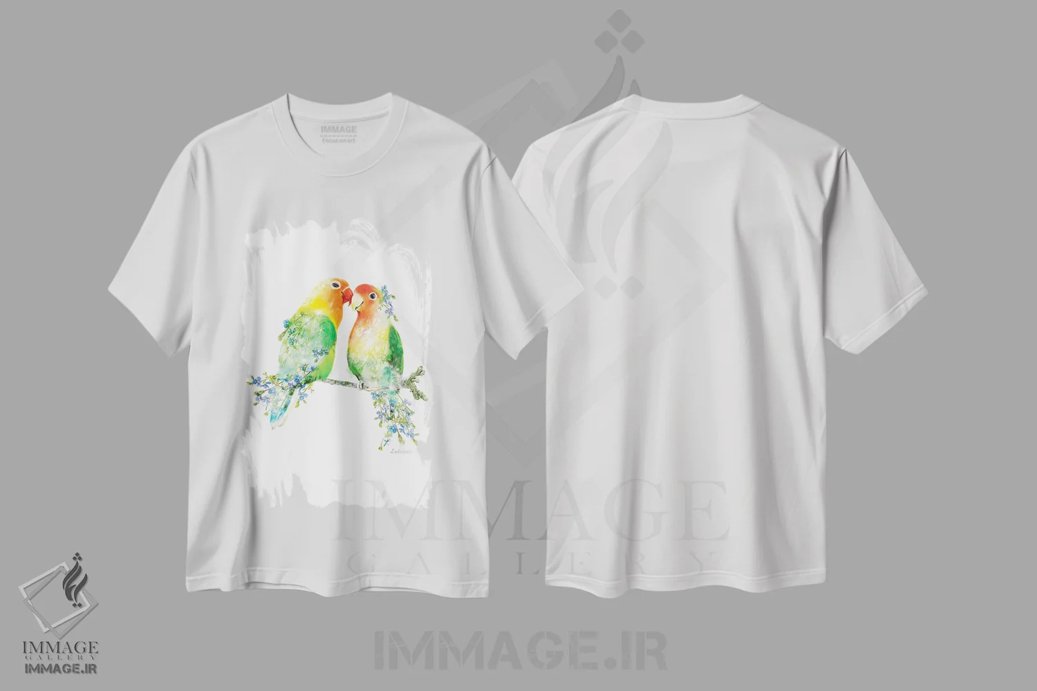 تیشرت سفید طرح دار مرغ عشق گیاهی حیات وحش، هنر دیجیتال اثر لولا دیزاین | فروشگاه ایماژ
