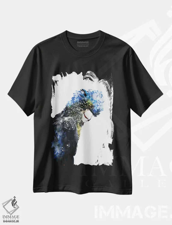 تیشرت مشکی طرح دار کاکاتوو دم قرمز گیاهی حیات وحش، هنر دیجیتال اثر لولا دیزاین | فروشگاه ایماژ