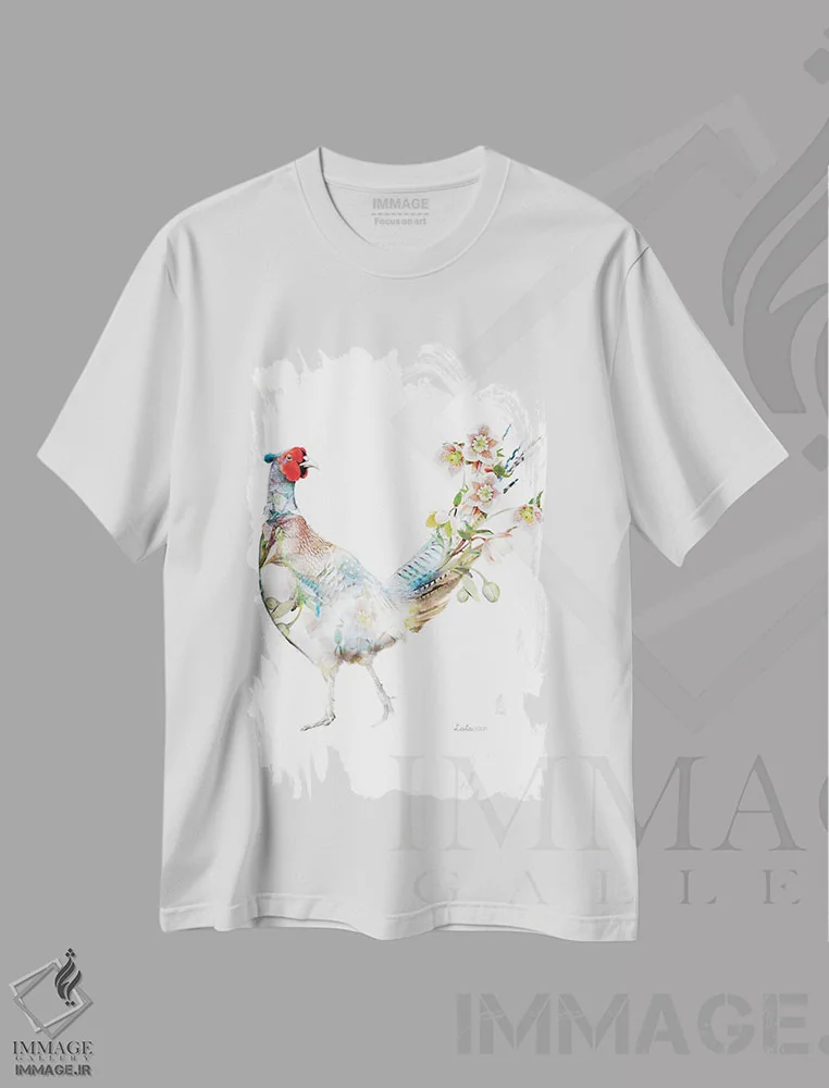 تیشرت سفید طرح دار قرقاول گل خربق گیاهی حیات وحش، هنر دیجیتال اثر لولا دیزاین | فروشگاه ایماژ