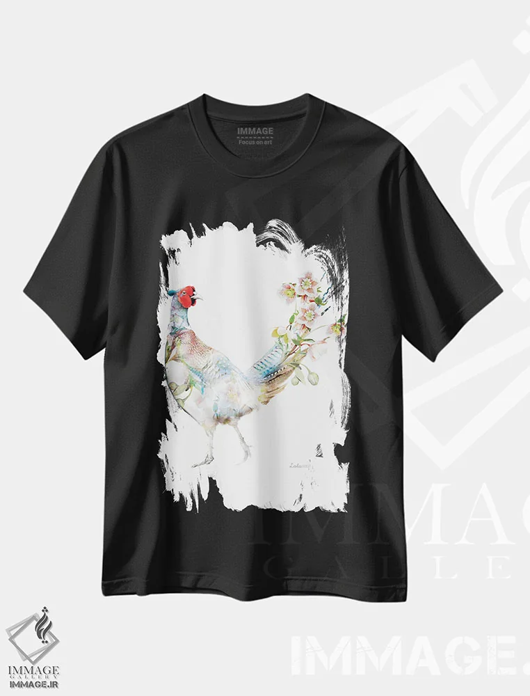 تیشرت مشکی طرح دار قرقاول گل خربق گیاهی حیات وحش، هنر دیجیتال اثر لولا دیزاین | immage.ir
