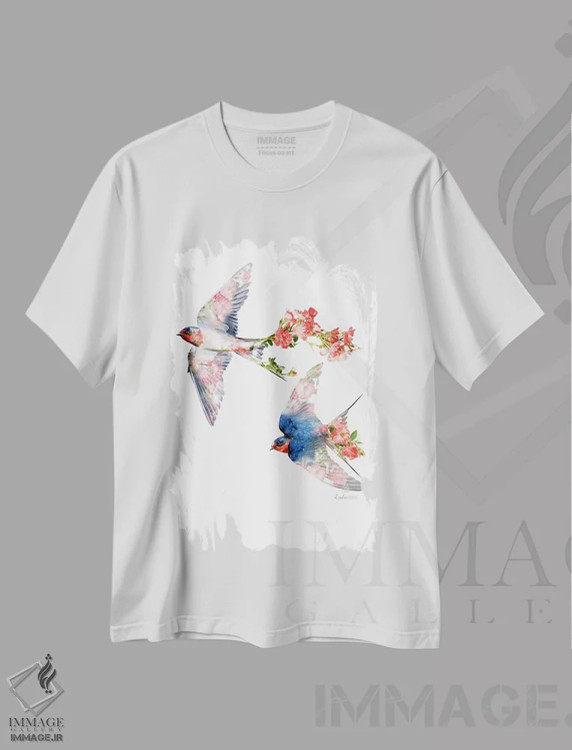 تیشرت سفید طرح دار پرستوهای گیاهی حیات وحش، هنر دیجیتال اثر لولا دیزاین | immage.ir