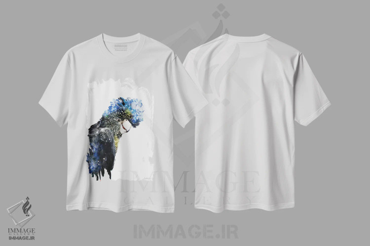 تیشرت سفید طرح دار کاکاتوو دم قرمز گیاهی حیات وحش، هنر دیجیتال اثر لولا دیزاین | immage.ir