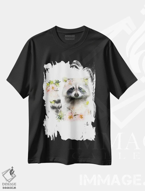 تیشرت مشکی طرح دار راکون گیاهی حیات وحش، هنر دیجیتال اثر لولا دیزاین | فروشگاه ایماژ