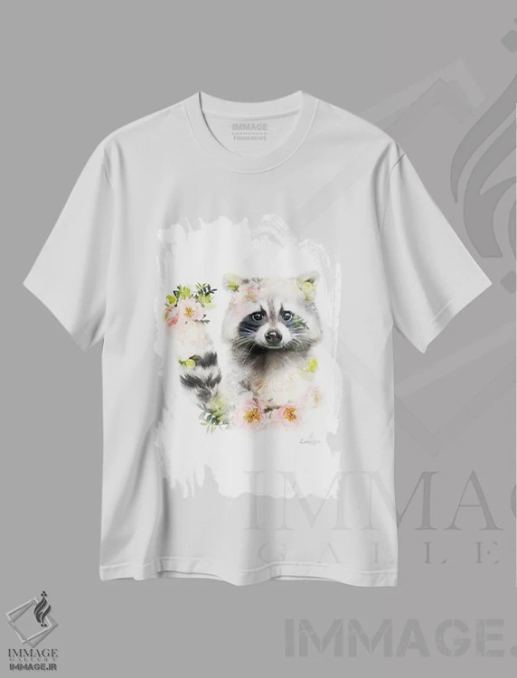 تیشرت سفید طرح دار راکون گیاهی حیات وحش، هنر دیجیتال اثر لولا دیزاین | immage.ir