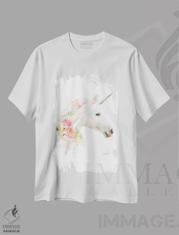 تیشرت سفید طرح دار اسب شاخدار گیاهی حیات وحش، هنر دیجیتال اثر لولا دیزاین | فروشگاه ایماژ