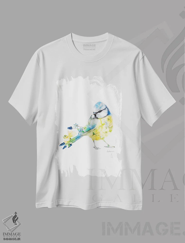تیشرت سفید طرح دار کمرسیاه آبی گیاهی حیات وحش، هنر دیجیتال اثر لولا دیزاین | immage.ir