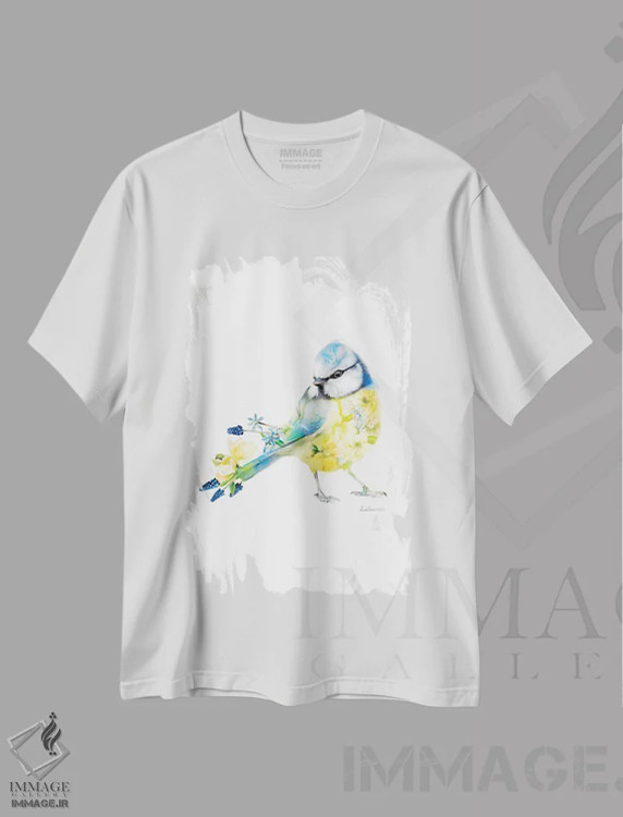 تیشرت سفید طرح دار کمرسیاه آبی گیاهی حیات وحش، هنر دیجیتال اثر لولا دیزاین | immage.ir