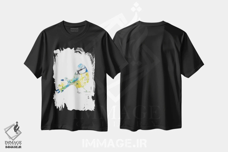 تیشرت مشکی طرح دار کمرسیاه آبی گیاهی حیات وحش، هنر دیجیتال اثر لولا دیزاین | فروشگاه ایماژ