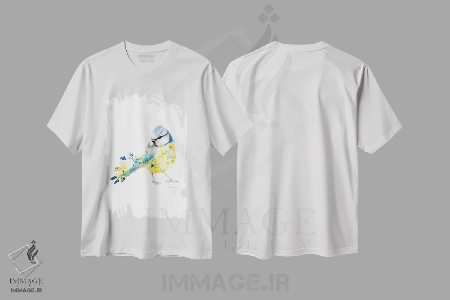 تیشرت سفید طرح دار کمرسیاه آبی گیاهی حیات وحش، هنر دیجیتال اثر لولا دیزاین | immage.ir