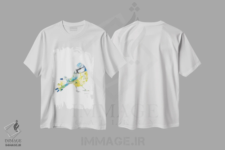 تیشرت سفید طرح دار کمرسیاه آبی گیاهی حیات وحش، هنر دیجیتال اثر لولا دیزاین | immage.ir