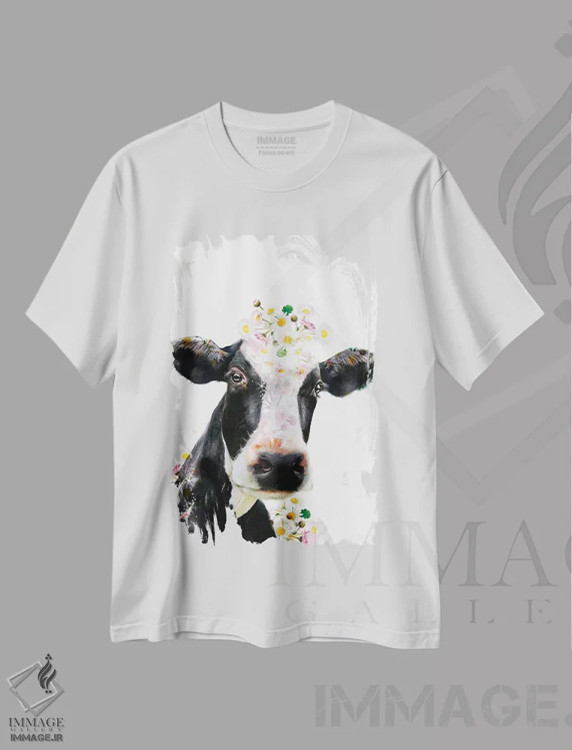 تیشرت سفید طرح دار گاو گیاهی حیات وحش، هنر دیجیتال اثر لولا دیزاین | فروشگاه ایماژ