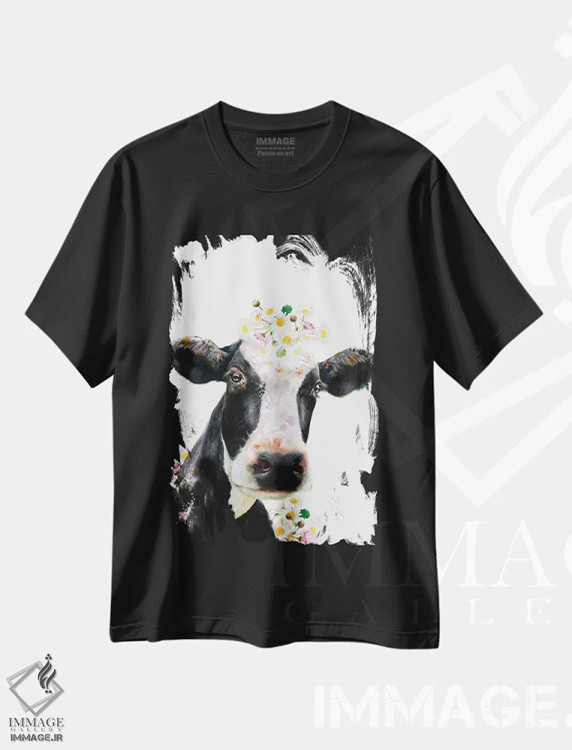 تیشرت مشکی طرح دار گاو گیاهی حیات وحش، هنر دیجیتال اثر لولا دیزاین | immage.ir
