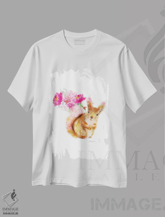 تیشرت سفید طرح دار سنجاب قرمز گیاهی حیات وحش، هنر دیجیتال اثر لولا دیزاین | فروشگاه ایماژ