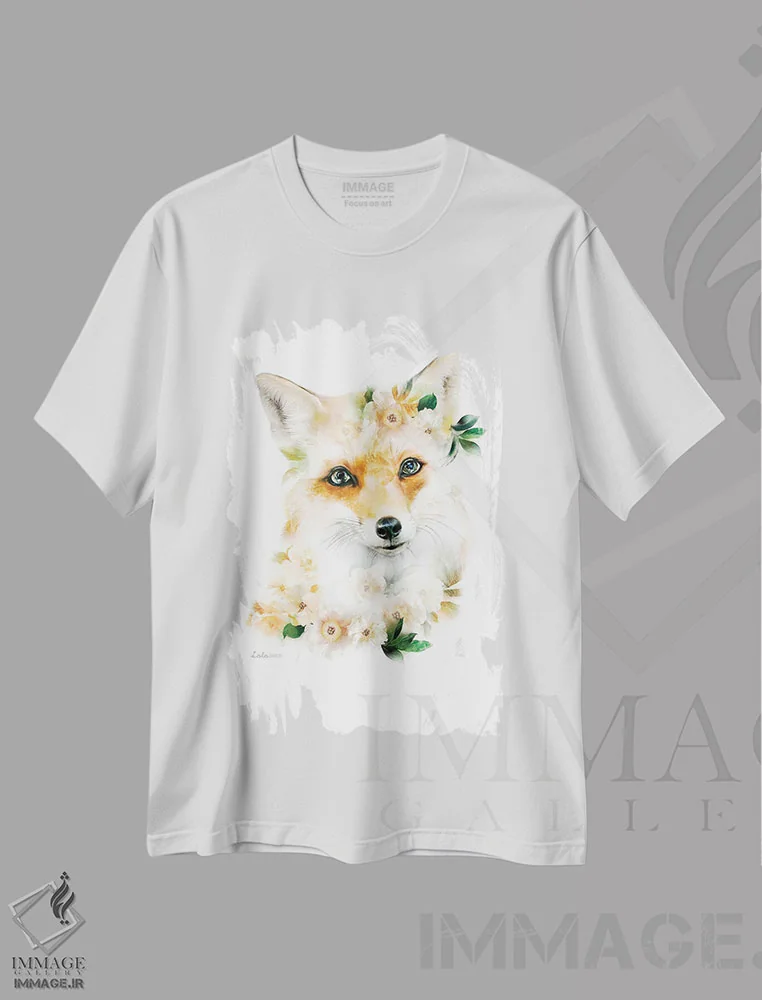 تیشرت سفید طرح دار روباه گیاهی حیات وحش، هنر دیجیتال اثر لولا دیزاین | immage.ir