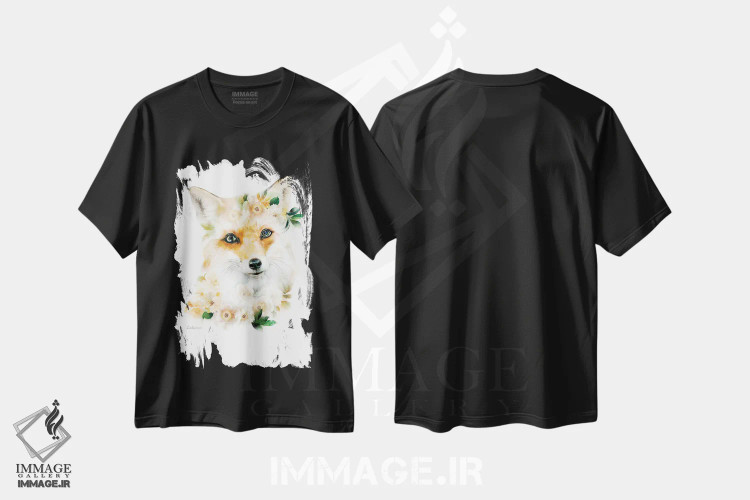 تیشرت مشکی طرح دار روباه گیاهی حیات وحش، هنر دیجیتال اثر لولا دیزاین | فروشگاه ایماژ