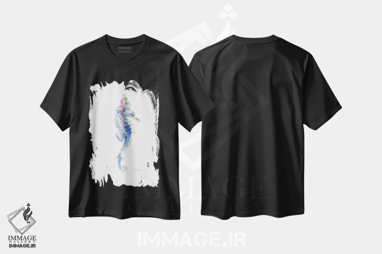 تیشرت مشکی طرح دار اسب دریایی گیاهی حیات وحش، هنر دیجیتال اثر لولا دیزاین | immage.ir