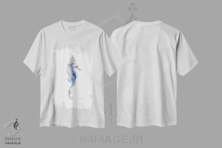 تیشرت سفید طرح دار اسب دریایی گیاهی حیات وحش، هنر دیجیتال اثر لولا دیزاین | فروشگاه ایماژ