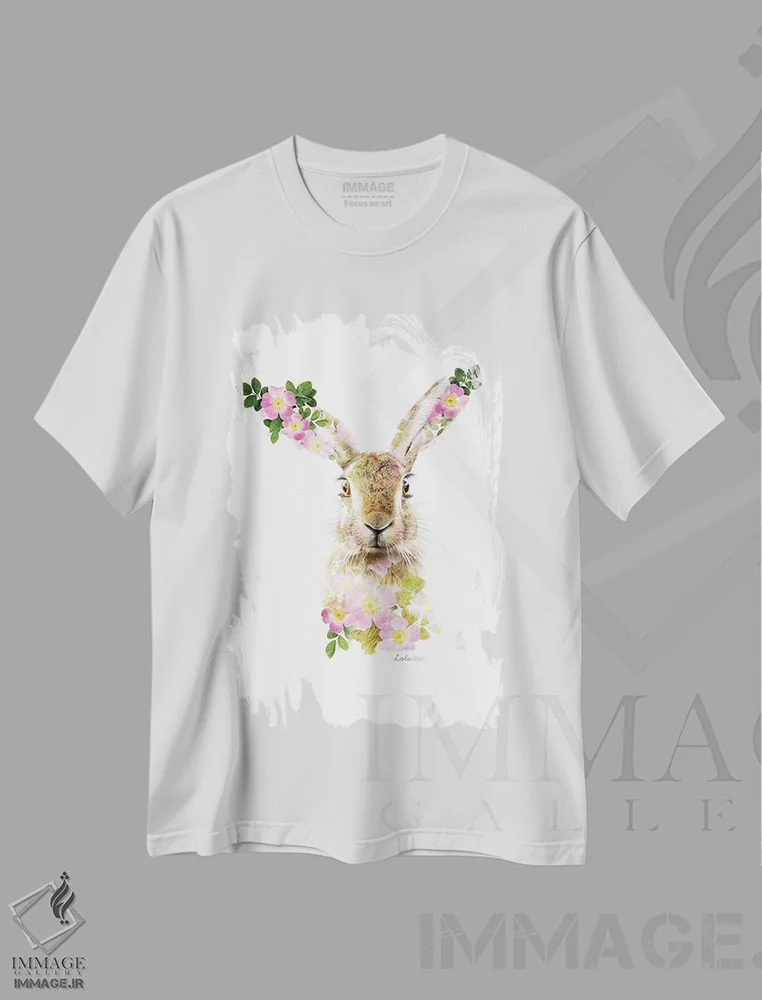 تیشرت سفید طرح دار خرگوش گل نسترن گیاهی حیات وحش، هنر دیجیتال اثر لولا دیزاین | immage.ir