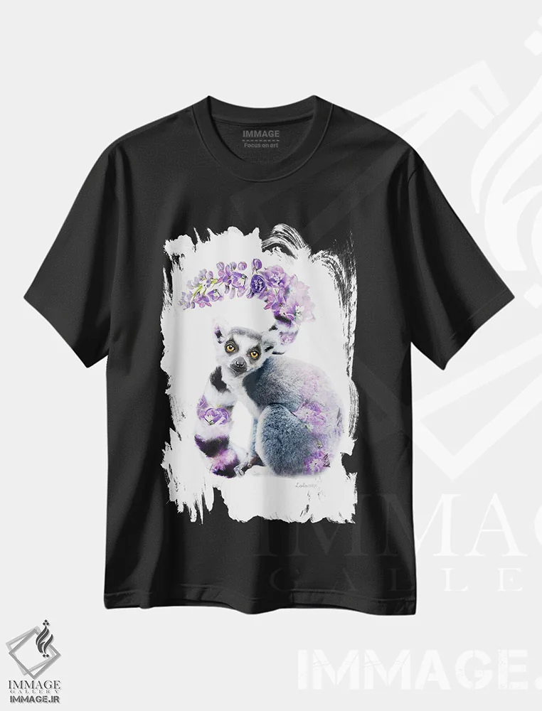 تیشرت مشکی طرح دار لمور گیاهی حیات وحش، هنر دیجیتال اثر لولا دیزاین | immage.ir