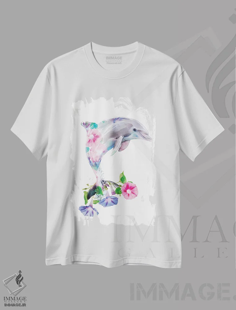 تیشرت سفید طرح دار دلفین گیاهی حیات وحش، هنر دیجیتال اثر لولا دیزاین | فروشگاه ایماژ