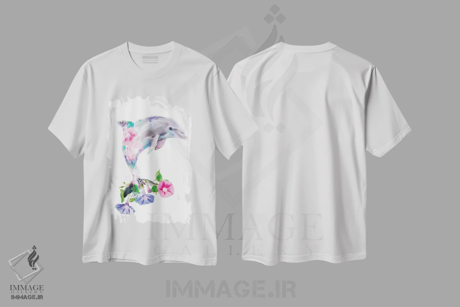 تیشرت سفید طرح دار دلفین گیاهی حیات وحش، هنر دیجیتال اثر لولا دیزاین | فروشگاه ایماژ