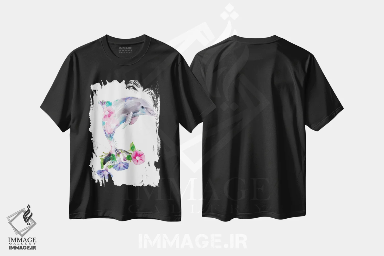 تیشرت مشکی طرح دار دلفین گیاهی حیات وحش، هنر دیجیتال اثر لولا دیزاین | immage.ir