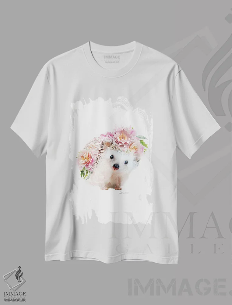 تیشرت سفید طرح دار جوجه تیغی صورتی گیاهی حیات وحش، هنر دیجیتال اثر لولا دیزاین | فروشگاه ایماژ