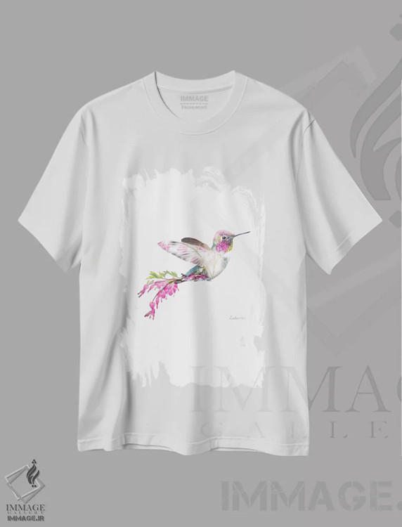 تیشرت سفید طرح دار مرغ مگس خوار با تم گیاهی و حیات وحش، هنر دیجیتال اثر لولا دیزاین | immage.ir