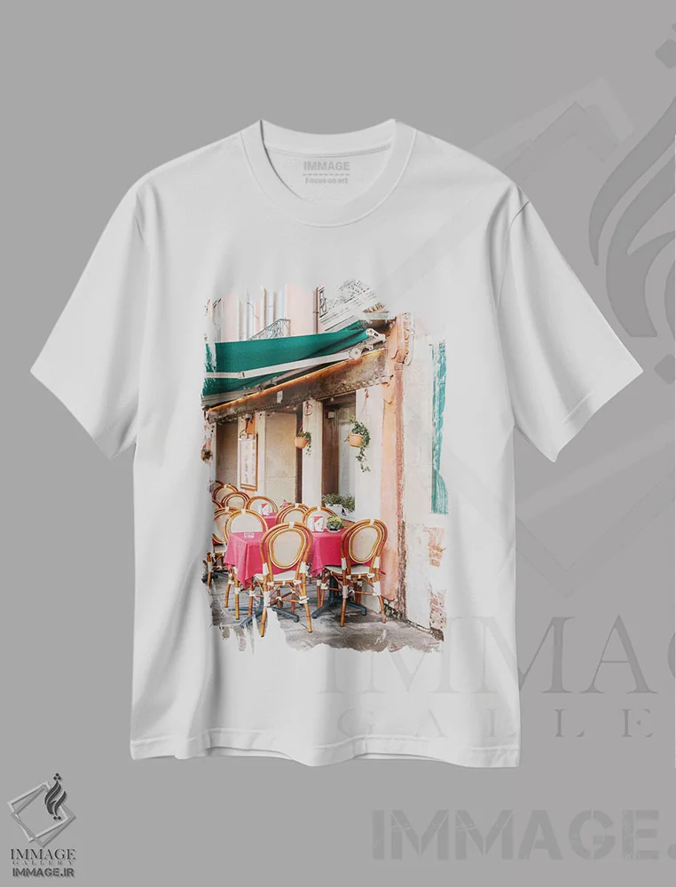 تیشرت سفید طرح دار Venice, Italy,کافه، ونیز، ایتالیا، مدیوم اثر لاولی لیتل هوم کو | فروشگاه ایماژ