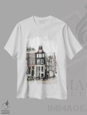 تیشرت سفید طرح دار Amsterdam,خانه های کانالی شماره ۳، آمستردام، مدیوم اثر لاولی لیتل هوم کو | فروشگاه ایماژ
