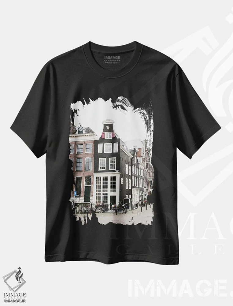 تیشرت مشکی طرح دار Amsterdam,خانه های کانالی شماره ۳، آمستردام، مدیوم اثر لاولی لیتل هوم کو | immage.ir