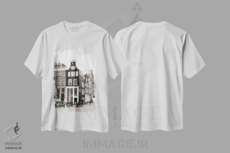 تیشرت سفید طرح دار Amsterdam,خانه های کانالی شماره ۳، آمستردام، مدیوم اثر لاولی لیتل هوم کو | فروشگاه ایماژ