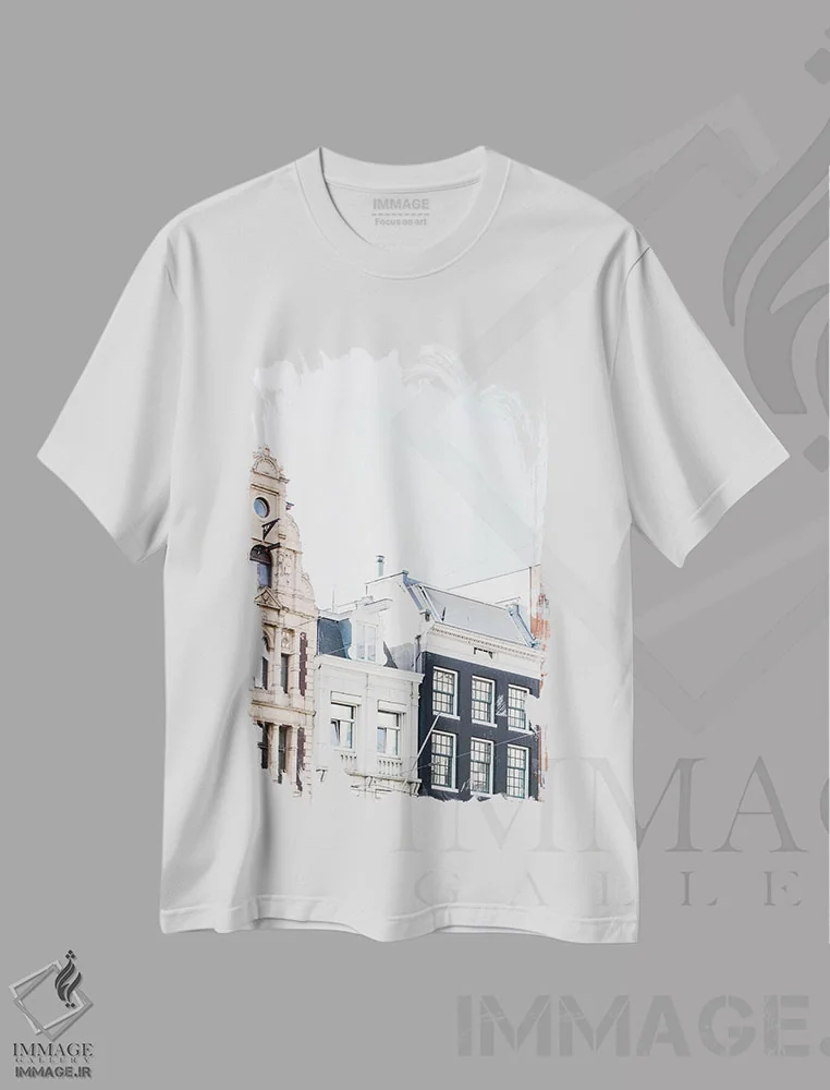 تیشرت سفید طرح دار Amsterdam,پشت بام خانه های کانالی، آمستردام، مدیوم اثر لاولی لیتل هوم کو | immage.ir