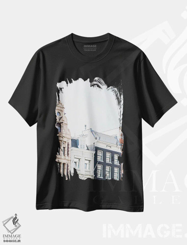 تیشرت مشکی طرح دار Amsterdam,پشت بام خانه های کانالی، آمستردام، مدیوم اثر لاولی لیتل هوم کو | فروشگاه ایماژ