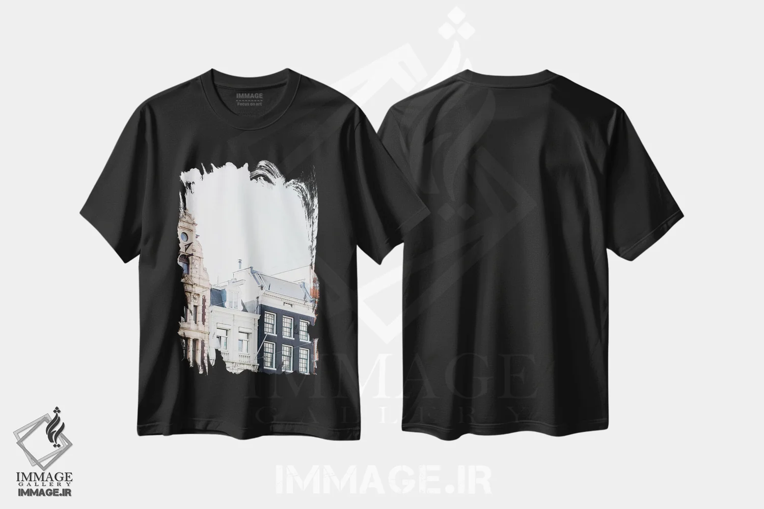 تیشرت مشکی طرح دار Amsterdam,پشت بام خانه های کانالی، آمستردام، مدیوم اثر لاولی لیتل هوم کو | فروشگاه ایماژ