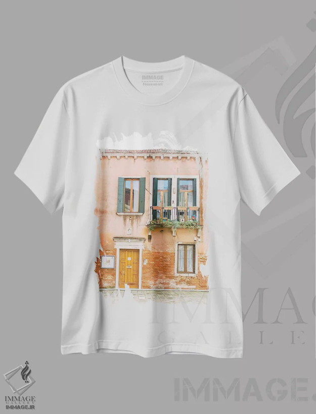 تیشرت سفید طرح دار Venice, Italy,ساختمان پاستلی، ونیز، ایتالیا، مدیوم اثر لاولی لیتل هوم کو | فروشگاه ایماژ