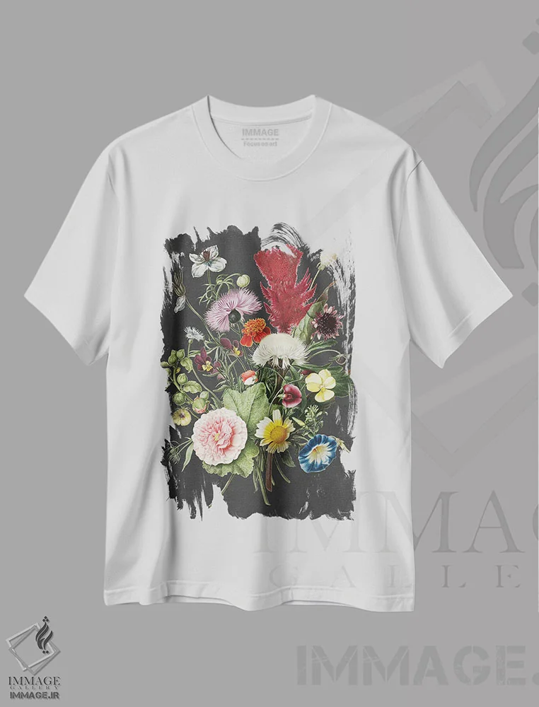 تیشرت سفید طرح دار دسته گل قدیمی، دکور معاصر اثر لِتِرد اند لایند | فروشگاه ایماژ