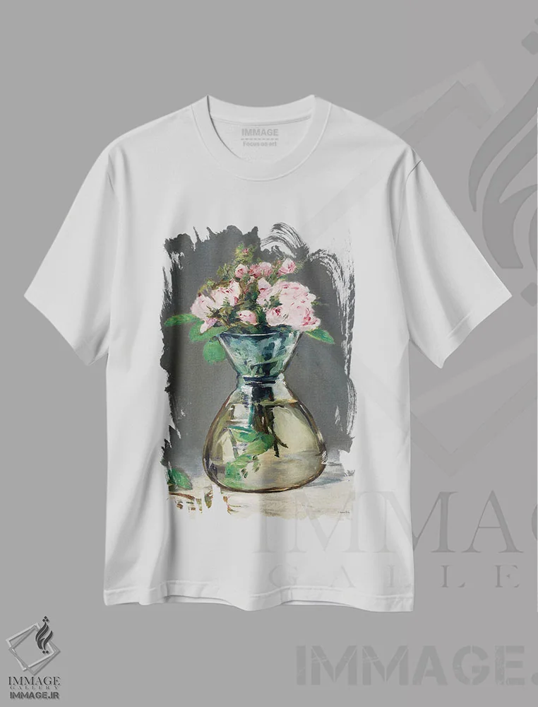 تیشرت سفید طرح دار رزهای صورتی آبرنگی، تزئینی اثر لِتِرد اند لایند | فروشگاه ایماژ