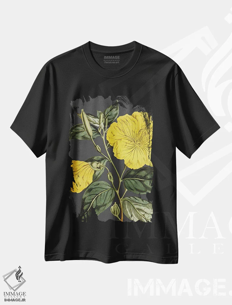 تیشرت مشکی طرح دار پیچک زرد، دکور معاصر اثر لِتِرد اند لایند | فروشگاه ایماژ