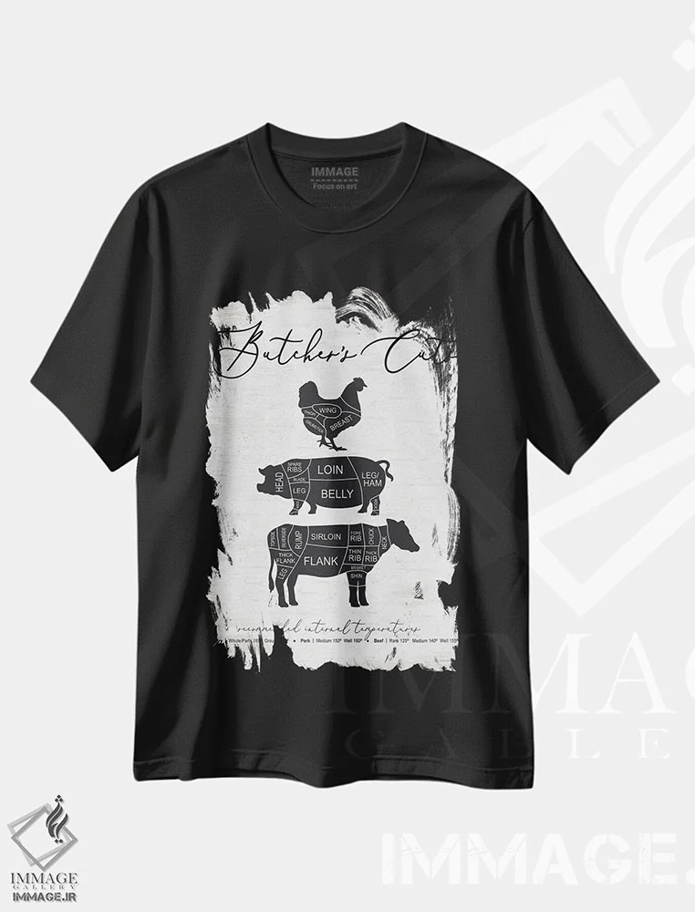 تیشرت مشکی طرح دار برش های قصاب، هنر دیجیتال سیاه و سفید اثر لِتِرد اند لایند | فروشگاه ایماژ