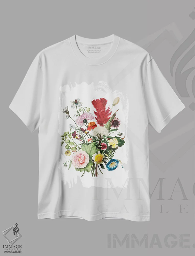 تیشرت سفید طرح دار گل های شکوفا، هنر دیجیتال اثر لِتِرد اند لایند | فروشگاه ایماژ