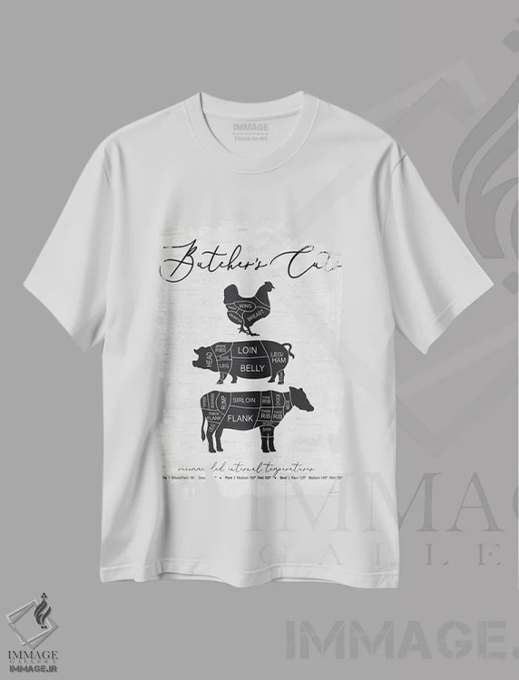 تیشرت سفید طرح دار برش های قصاب، هنر دیجیتال سیاه و سفید اثر لِتِرد اند لایند | immage.ir