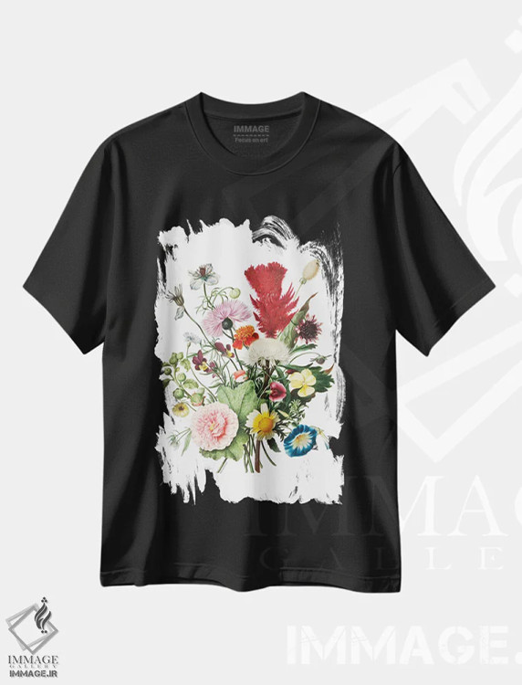 تیشرت مشکی طرح دار گل های شکوفا، هنر دیجیتال اثر لِتِرد اند لایند | immage.ir